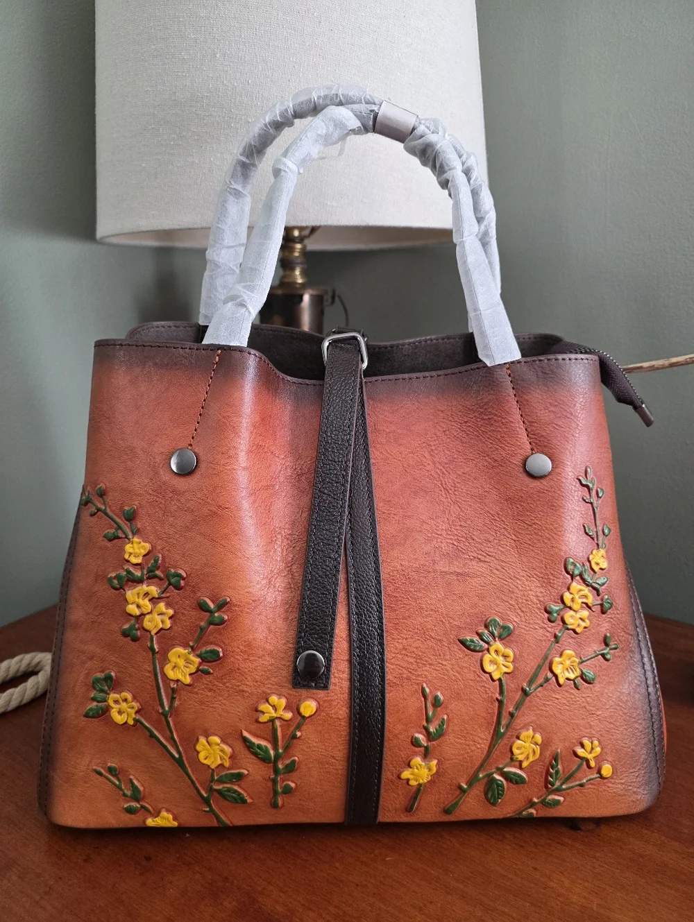 Floral Leather Satchel Crossbody Bag Tan Brown NWOT